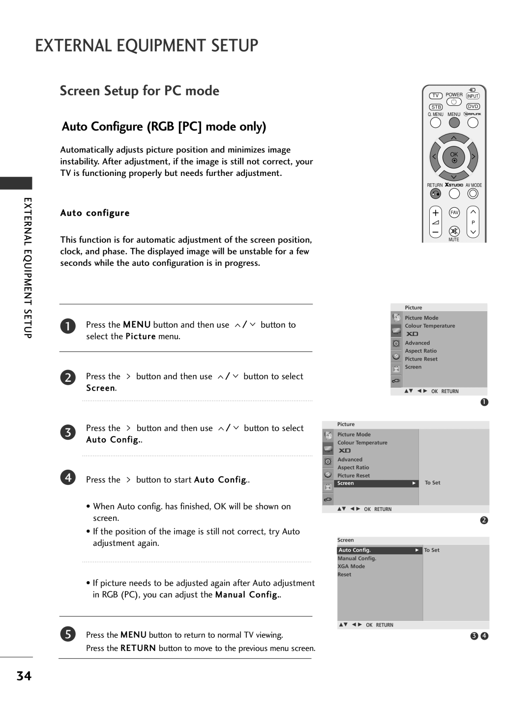 LG Electronics 42PG6***, 60PG7***, 60PG6***, 527***, 50PG7*** Screen Setup for PC mode, Auto Configure RGB PC mode only 