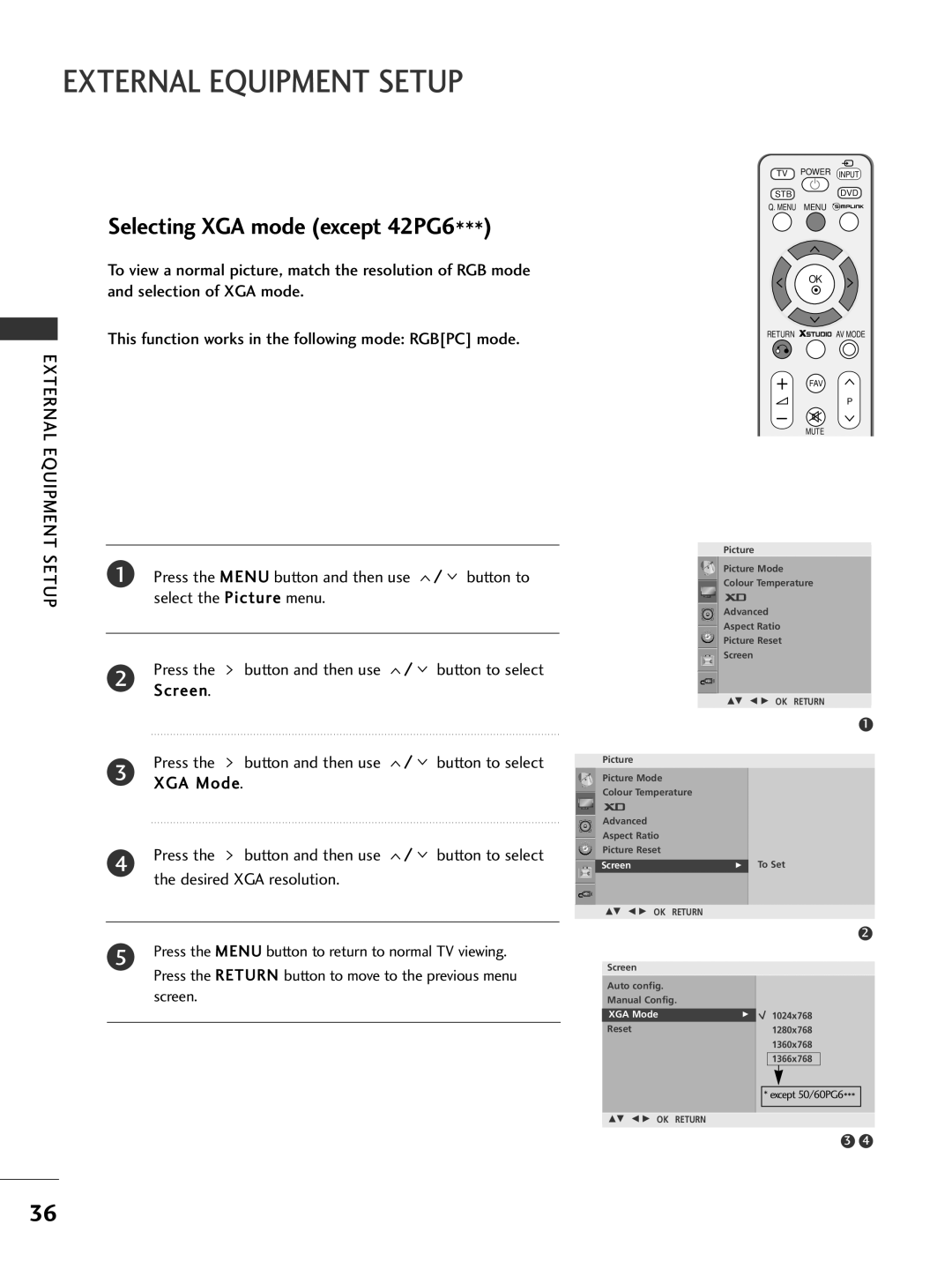 LG Electronics 427***, 60PG7***, 60PG6***, 527***, 50PG7***, 477***, 476***, 42PG6*** Selecting XGA mode except 42PG6, Return 