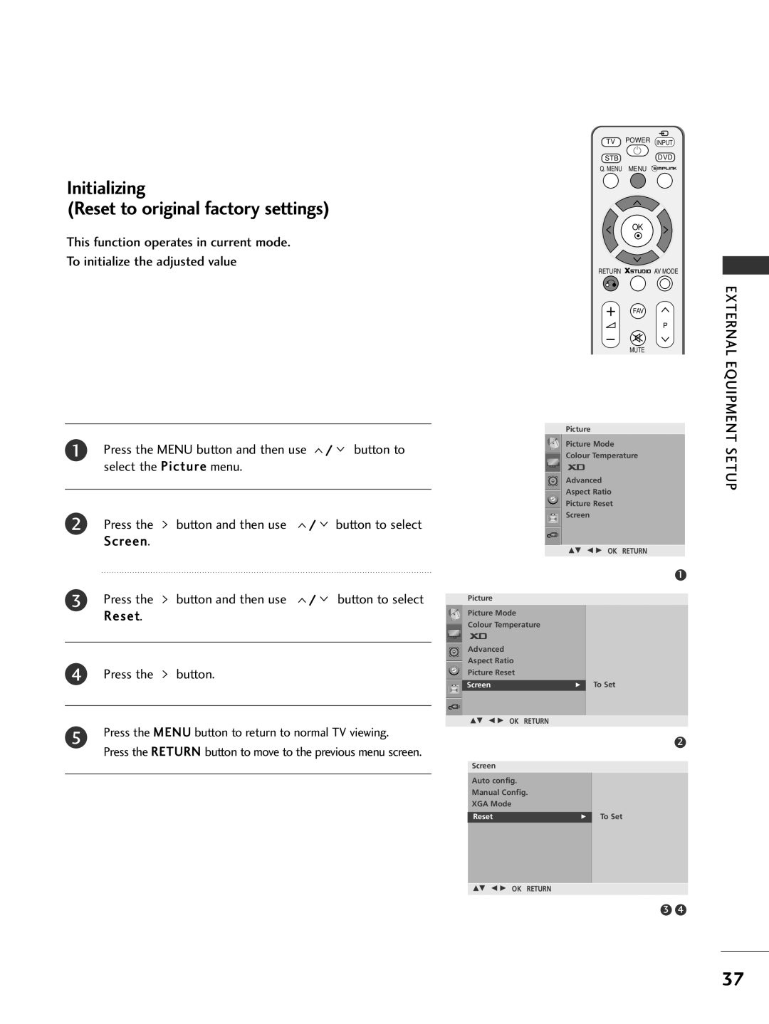 LG Electronics 426***, 60PG7***, 60PG6***, 527***, 50PG7***, 477***, 476*** Initializing Reset to original factory settings 