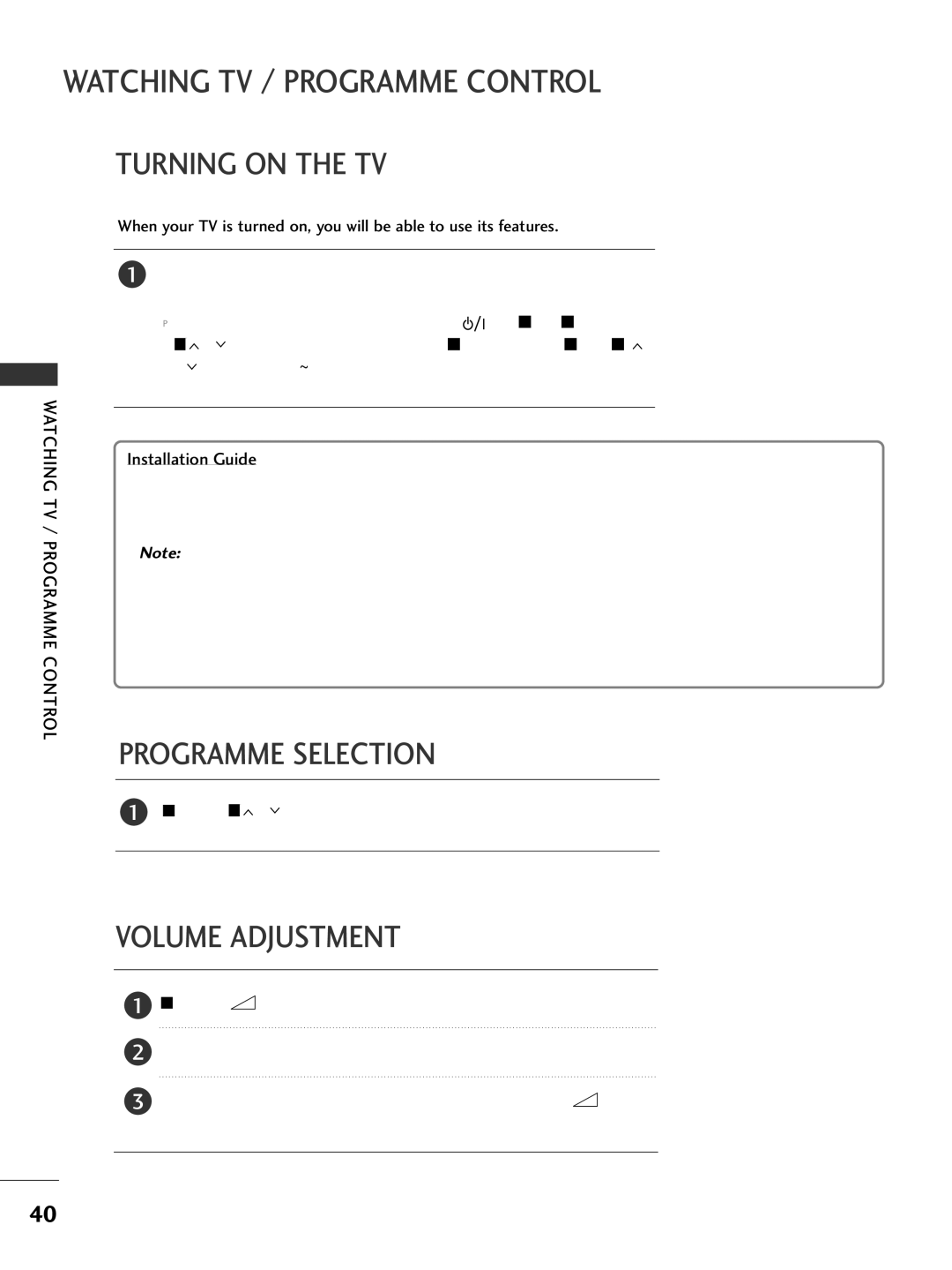 LG Electronics 326***, 60PG7***, 60PG6***, 527***, 50PG7***, 477*** Turning on the TV, Programme Selection, Volume Adjustment 