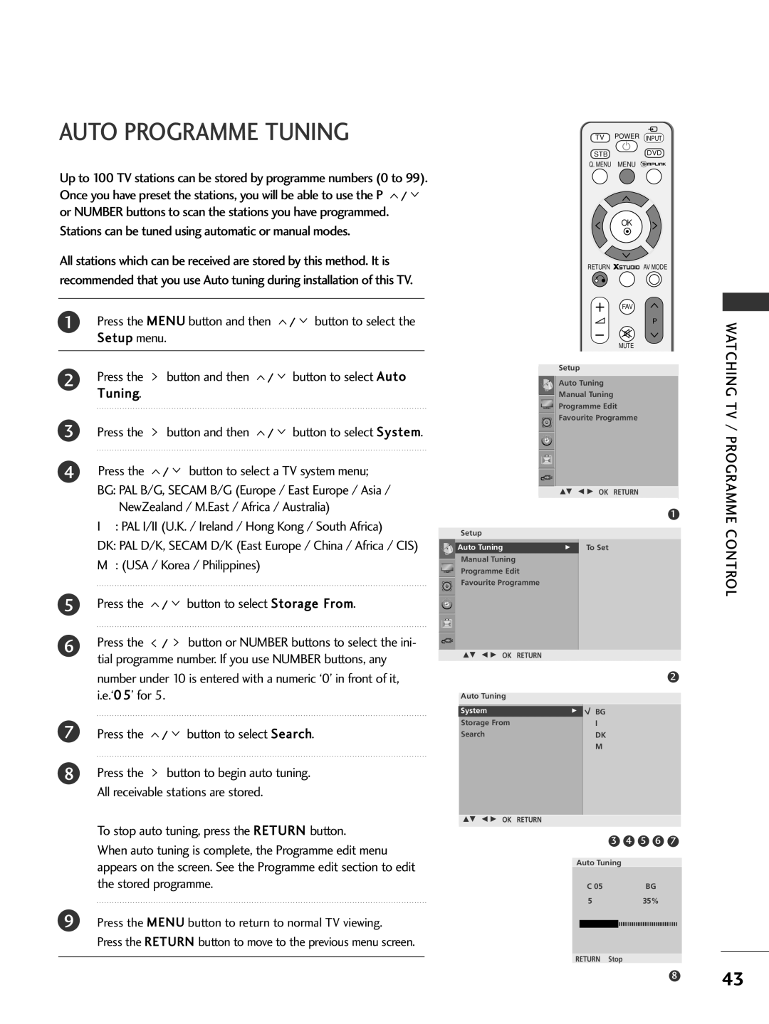 LG Electronics 60PG7***, 60PG6***, 527*** Auto Programme Tuning, Stations can be tuned using automatic or manual modes 