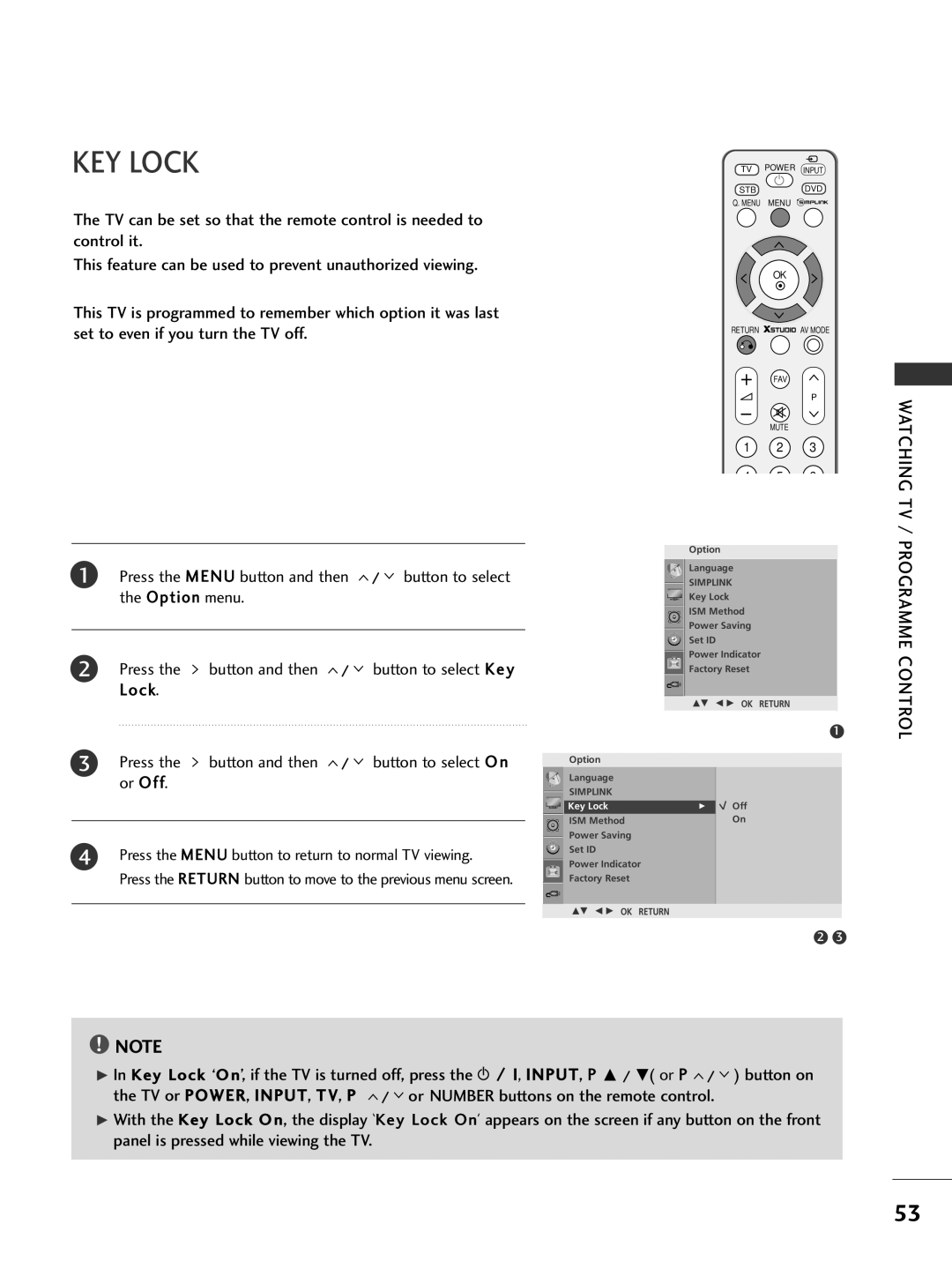 LG Electronics 376***, 60PG7***, 60PG6***, 527***, 50PG7***, 477***, 476***, 42PG6***, 428***, 427***, 426*** KEY Lock, Watching TV 