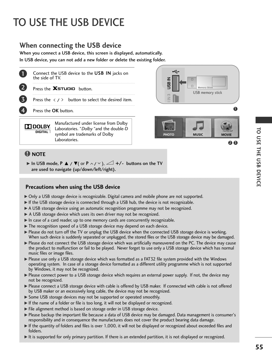 LG Electronics 326***, 60PG7***, 527*** When connecting the USB device, Press the OK button, Symbol are trademarks of Dolby 