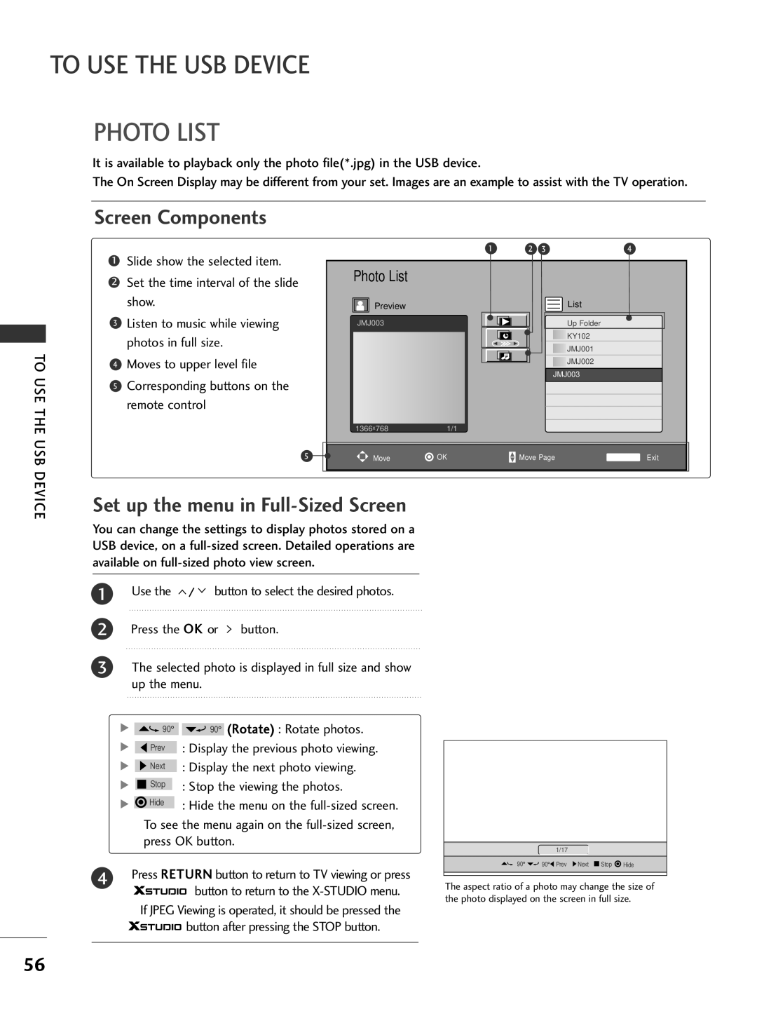 LG Electronics 50PG6*** Screen Components, Set up the menu in Full-Sized Screen, Button to return to the X-STUDIO menu 