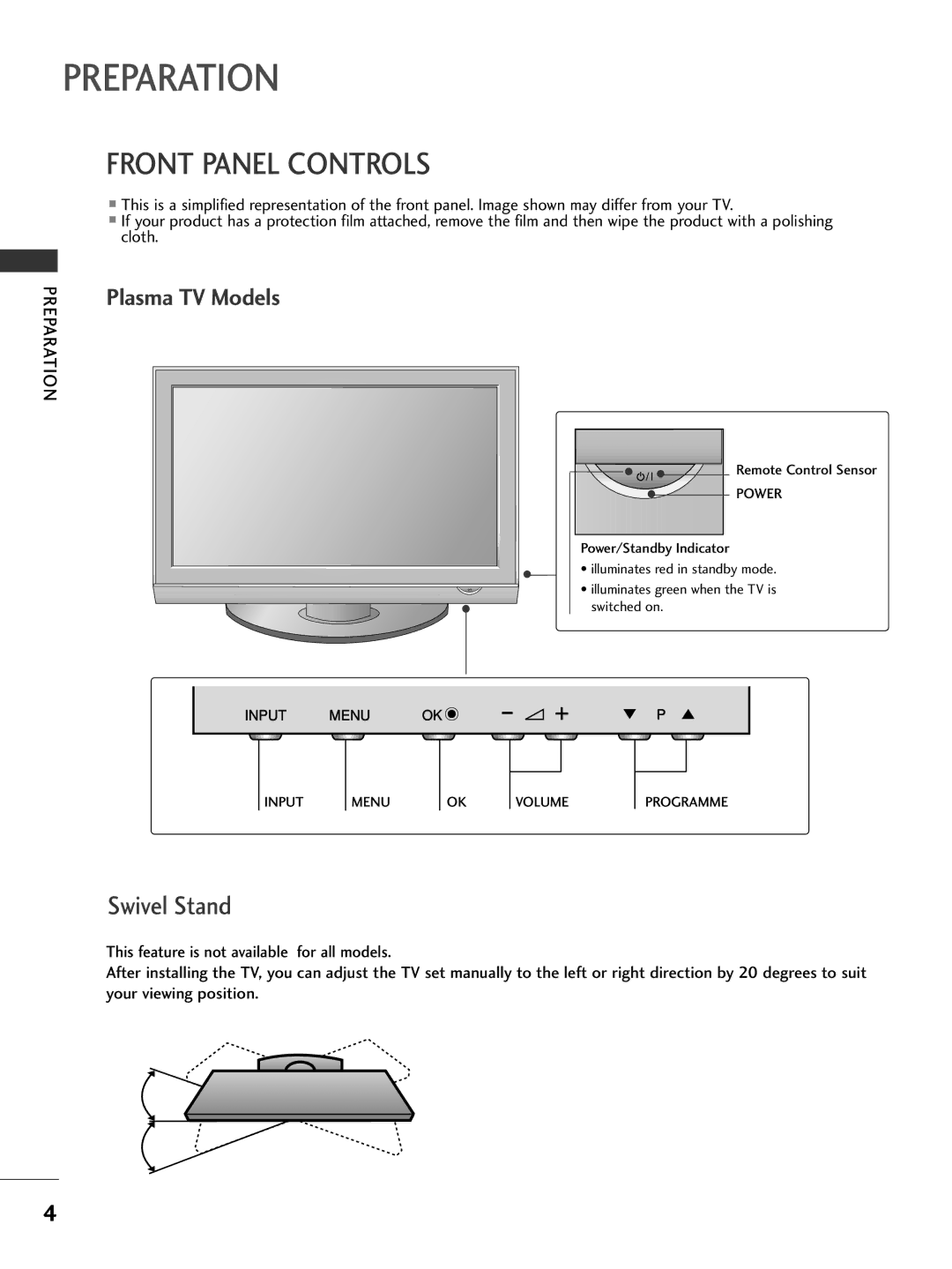 LG Electronics 42PG6***, 60PG7***, 60PG6***, 527***, 50PG7***, 477*** Front Panel Controls, Plasma TV Models, Preparation 