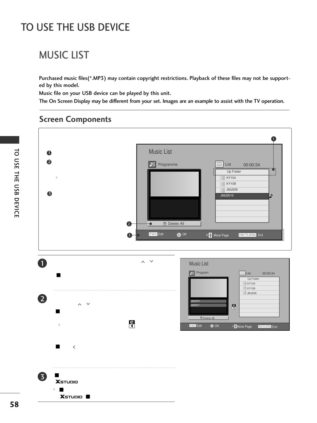 LG Electronics 60PG7***, 60PG6***, 527***, 50PG7*** Music List, Press FAV button and then use OK button to make music list 