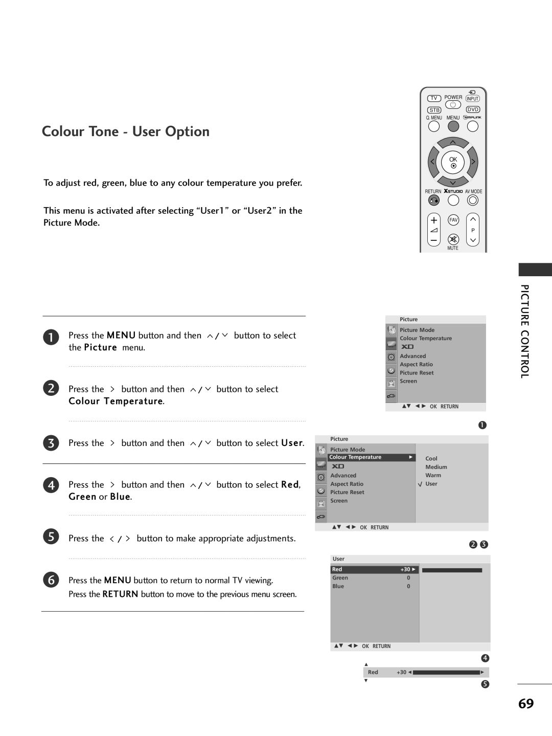 LG Electronics 328***, 60PG7***, 60PG6***, 527***, 50PG7***, 477***, 476***, 42PG6***, 428***, 427*** Colour Tone User Option 