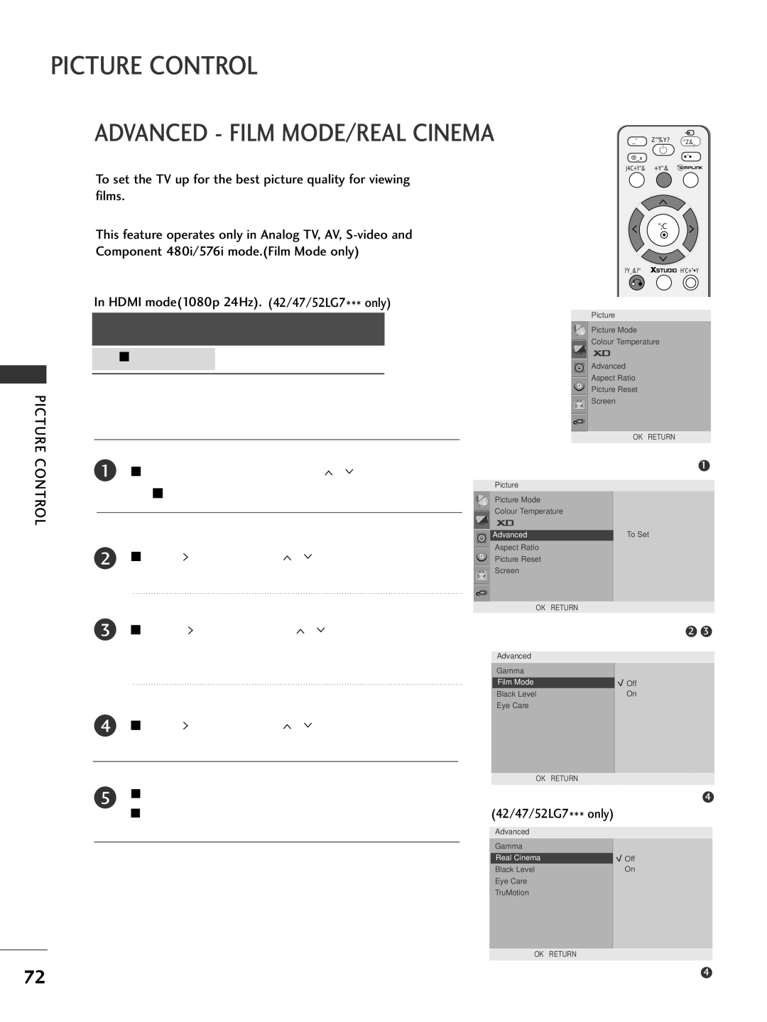 LG Electronics 50PG3***, 60PG7***, 60PG6***, 527***, 50PG7***, 477***, 476***, 42PG6*** Advanced Film MODE/REAL Cinema, Off 