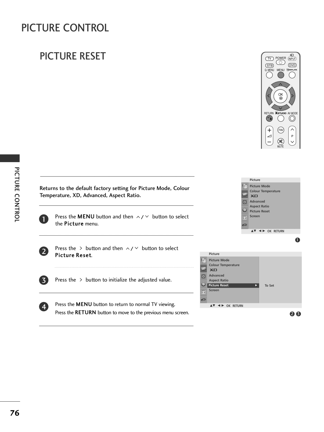 LG Electronics 50PG7***, 60PG7***, 527*** Button to select Picture menu, Button and then Button to select Picture Reset 