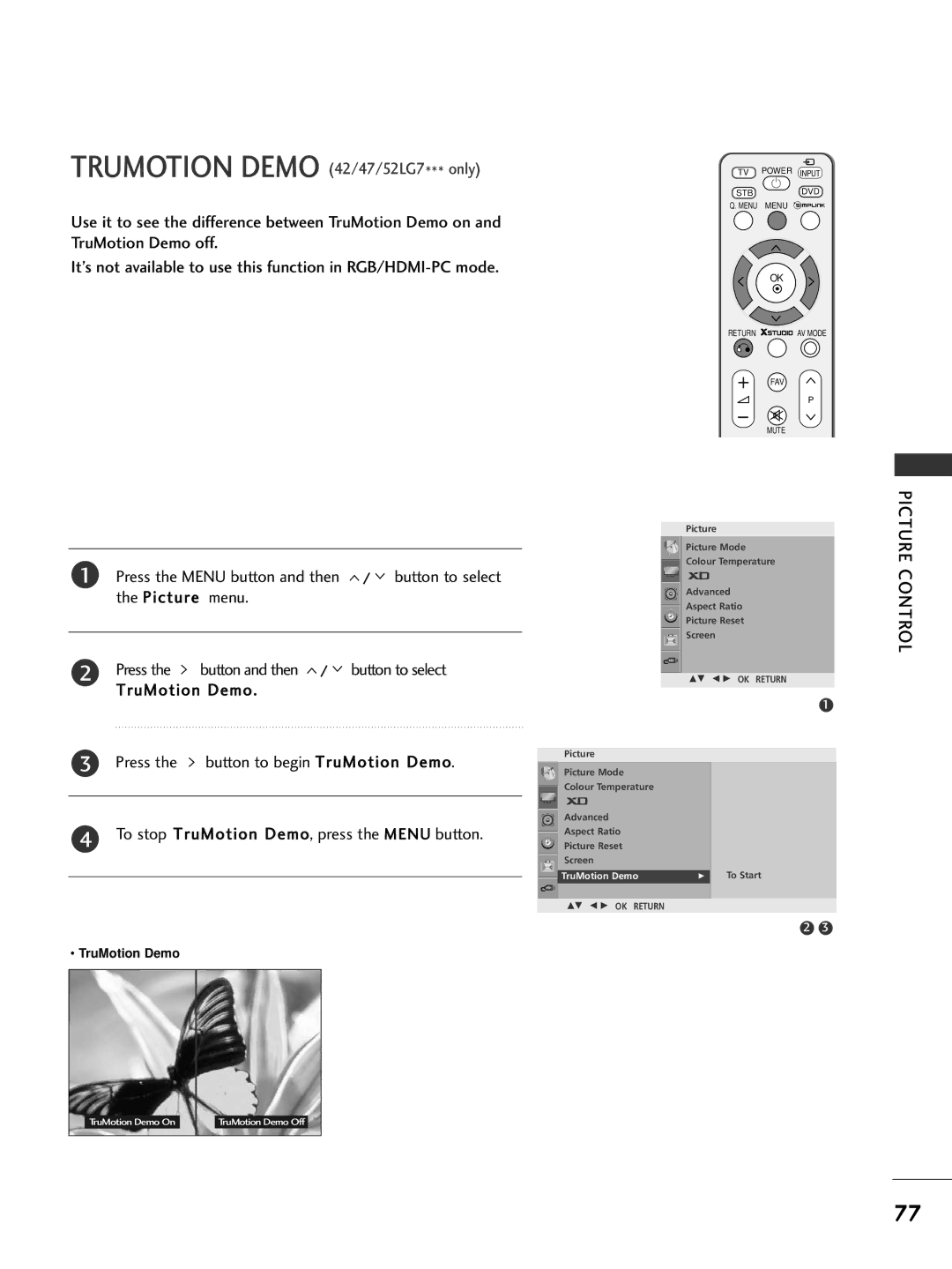 LG Electronics 477***, 60PG7***, 60PG6***, 527***, 50PG7***, 476***, 42PG6***, 428***, 427*** Trumotion Demo 42/47/52LG7*** only 