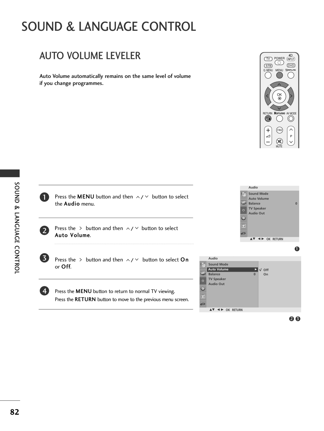 LG Electronics 426***, 60PG7***, 60PG6***, 527***, 50PG7***, 477*** Auto Volume Leveler, Sound & Language Control, Or Off 