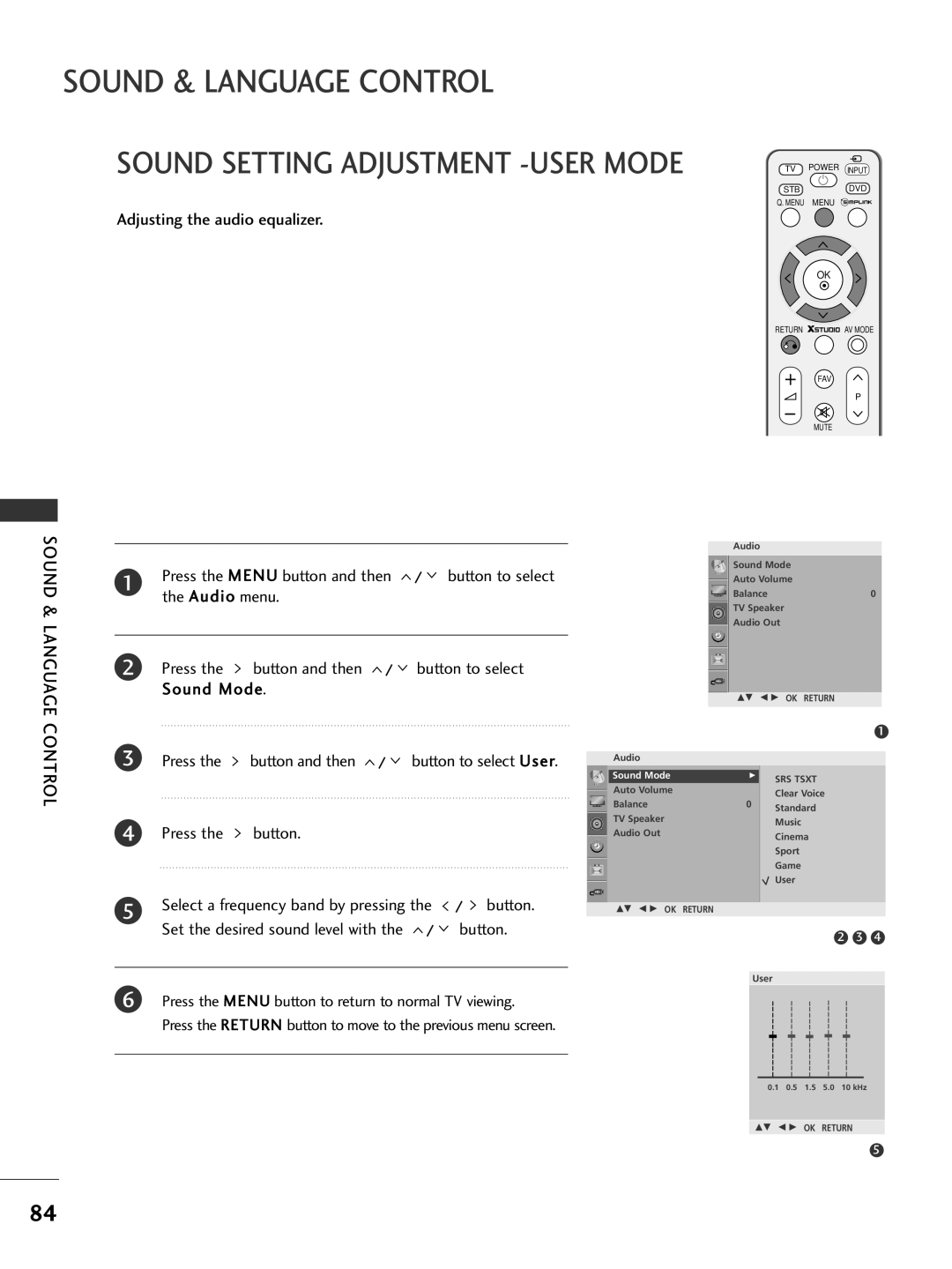 LG Electronics 328***, 60PG7***, 60PG6***, 527***, 50PG7***, 477*** Sound & Language Control, Adjusting the audio equalizer 