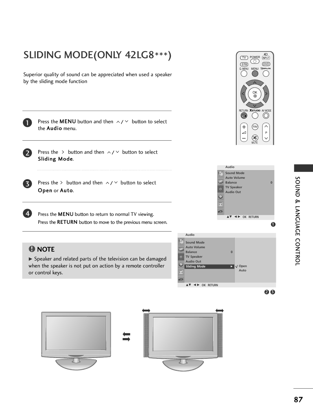 LG Electronics 50PG3***, 60PG7***, 527*** Sliding Modeonly 42LG8, Press the button and then / button to select Open or Auto 