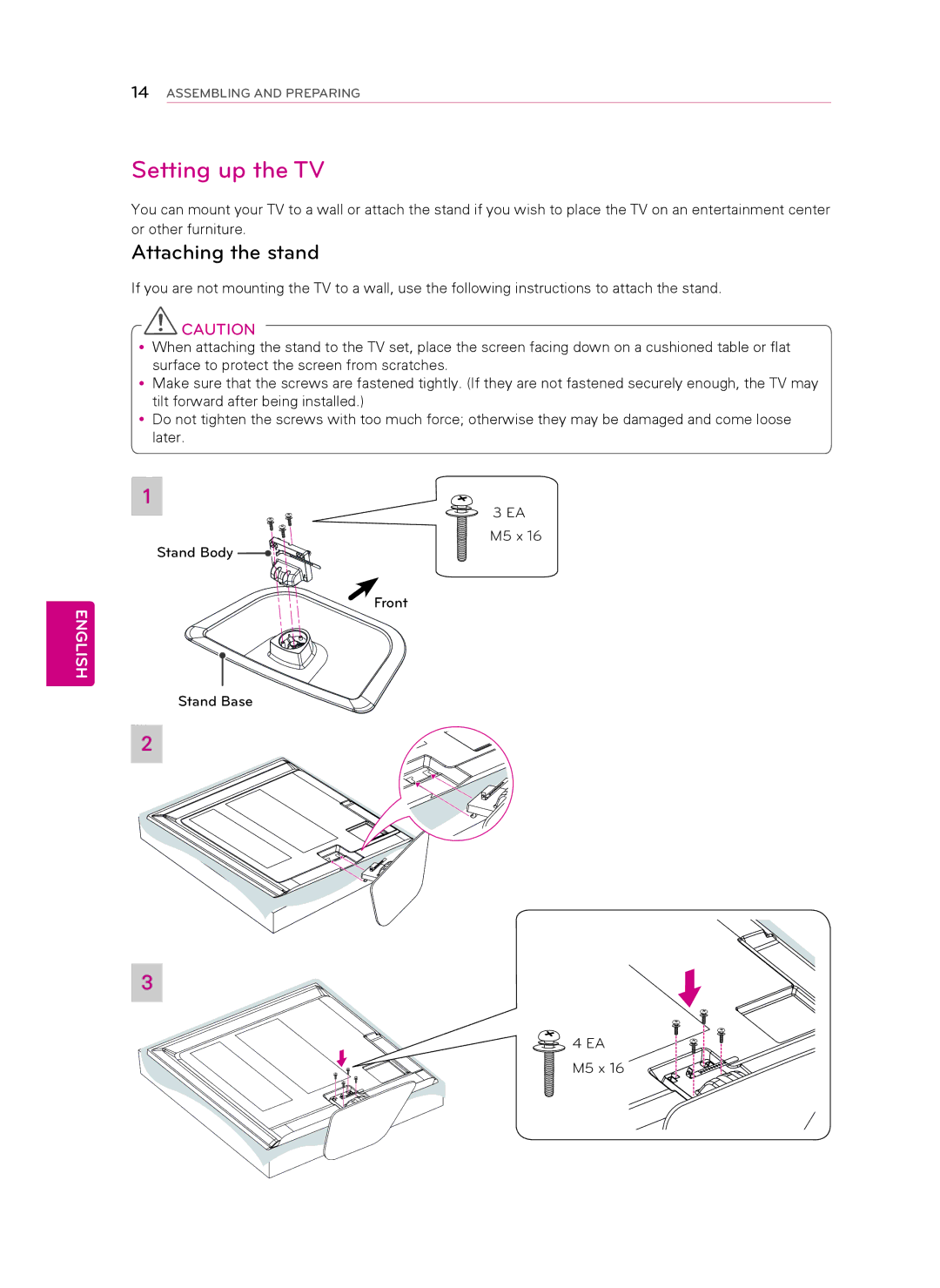 LG Electronics 60PN5700 owner manual Setting up the TV, Attaching the stand, Stand Base M5 x 