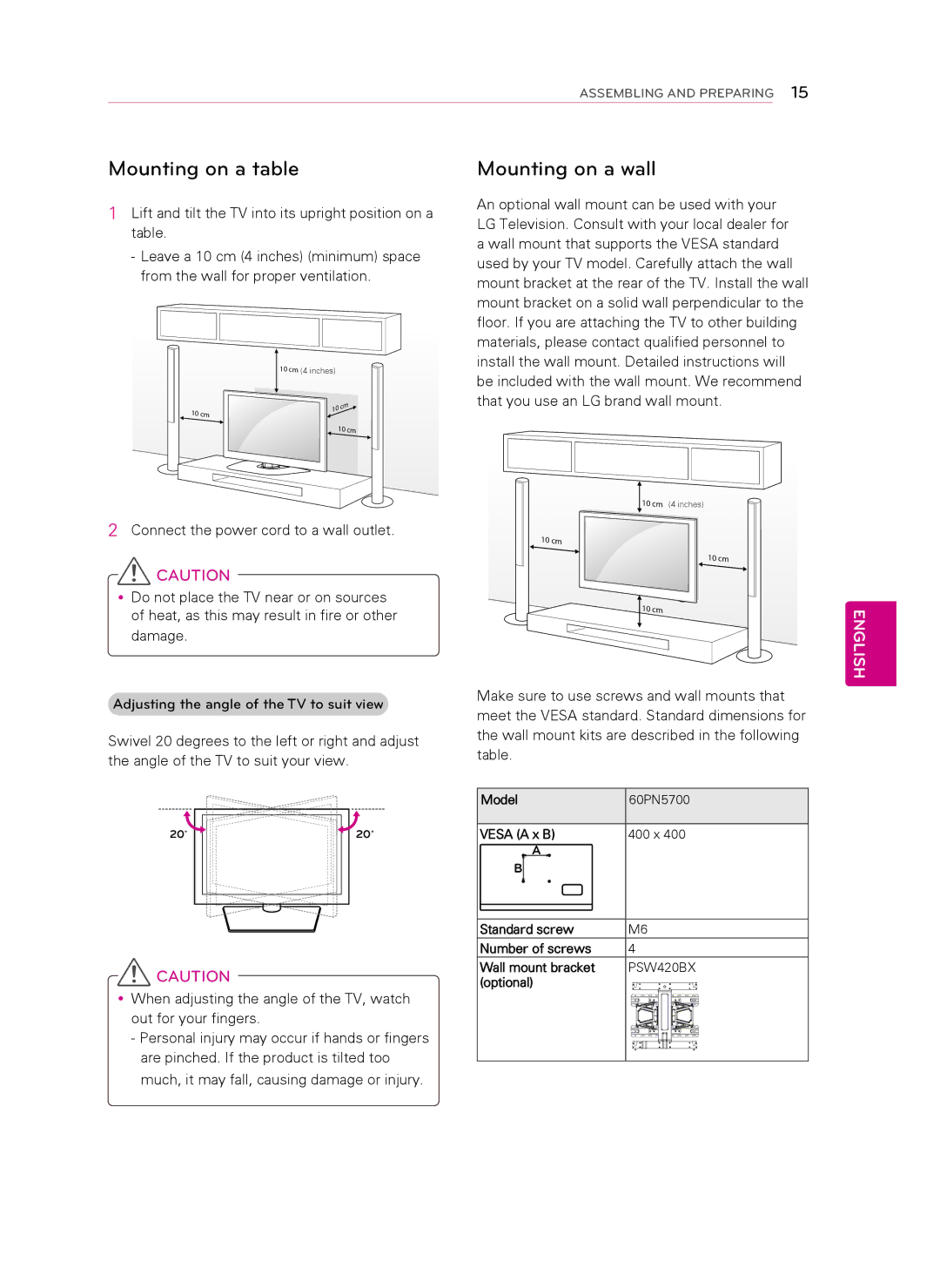 LG Electronics 60PN5700 owner manual Mounting on a table, Mounting on a wall, Connect the power cord to a wall outlet 