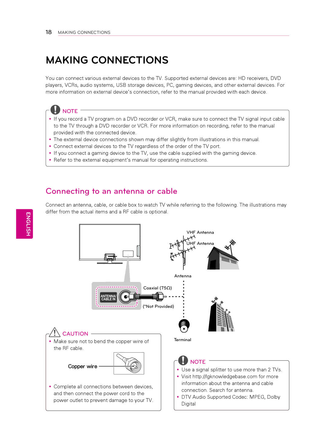 LG Electronics 60PN5700 Making Connections, Connecting to an antenna or cable, YyMake sure not to bend the copper wire 