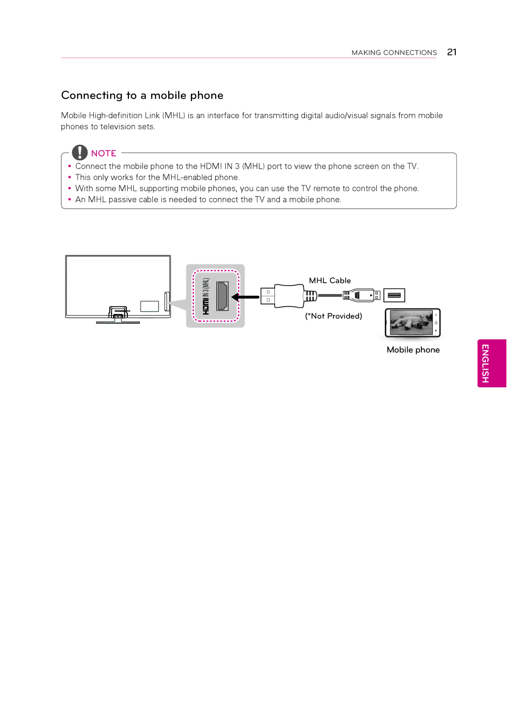 LG Electronics 60PN5700 owner manual Connecting to a mobile phone, MHL Cable Not Provided 