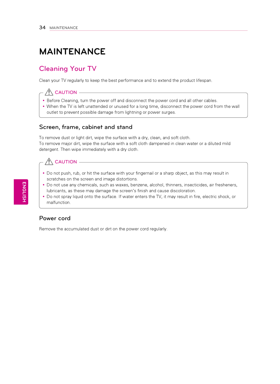 LG Electronics 60PN5700 owner manual Maintenance, Cleaning Your TV, Screen, frame, cabinet and stand, Power cord 