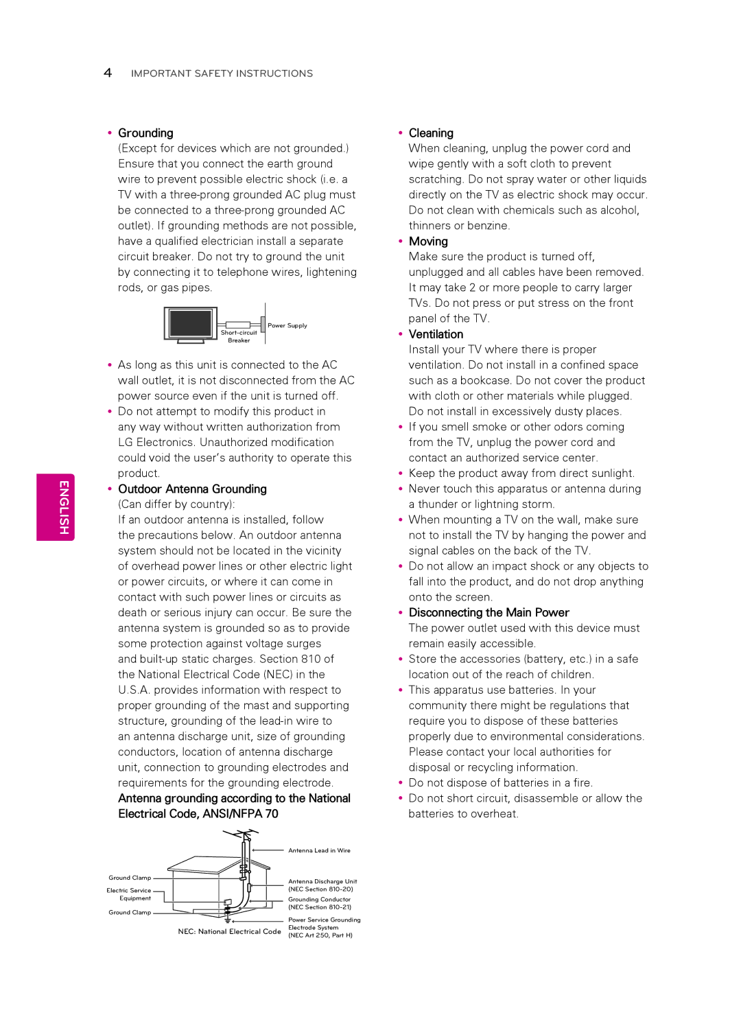 LG Electronics 60PN5700 YyGrounding, YyMoving, YyVentilation, Thunder or lightning storm, YyDisconnecting the Main Power 