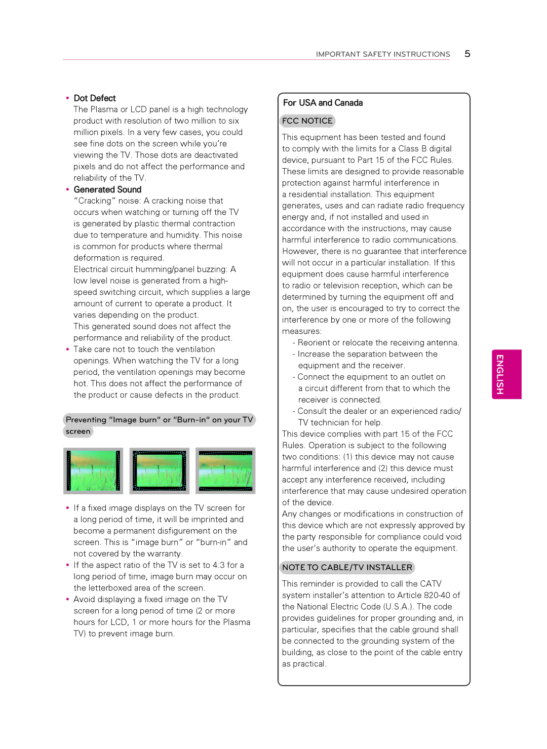 LG Electronics 60PN5700 owner manual YyDot Defect For USA and Canada, YyGenerated Sound 