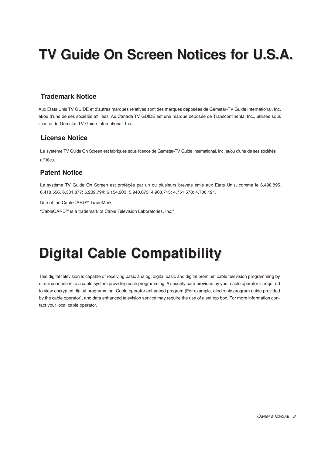 LG Electronics 60PY2DR, 50PX4DR-UA, 50PY2DR-UA TV Guide On Screen Notices for U.S.A, Digital Cable Compatibility 