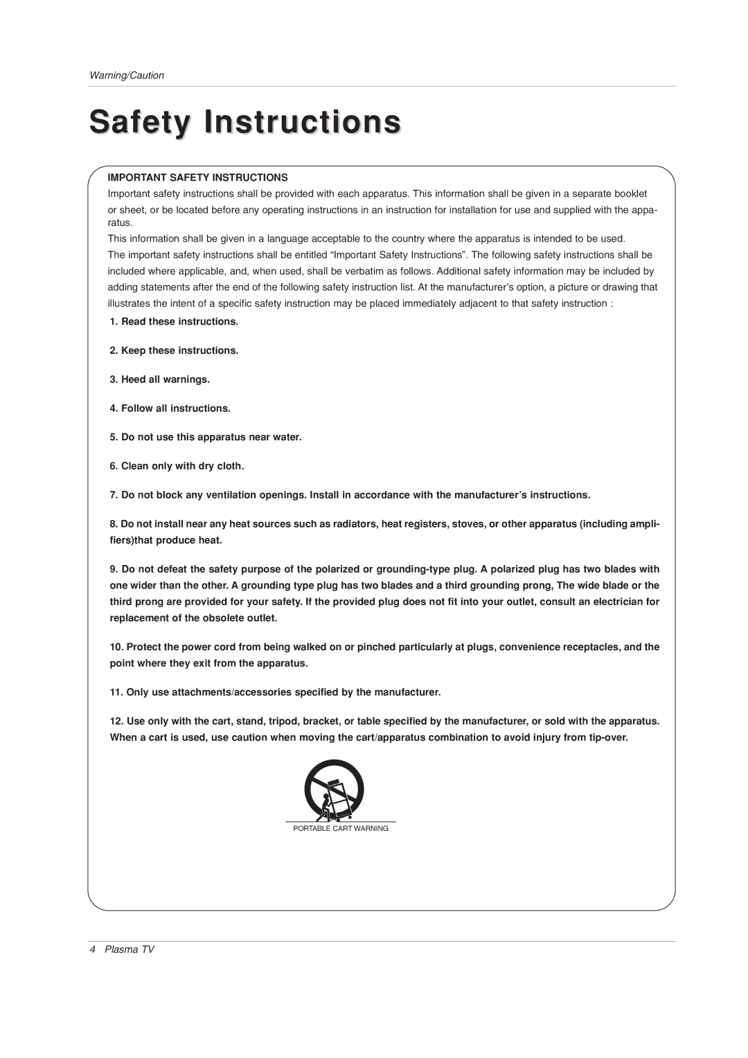 LG Electronics 50PY2DR-UA, 50PX4DR-UA, 60PY2DR-UA owner manual Important Safety Instructions 