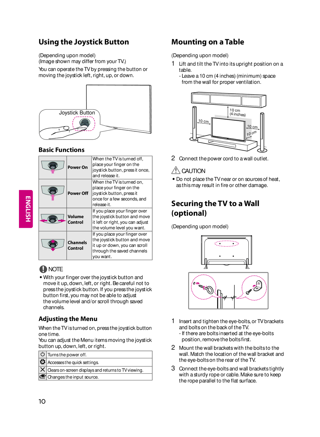 LG Electronics 60UF8500 owner manual Using the Joystick Button, Mounting on a Table, Securing the TV to a Wall optional 