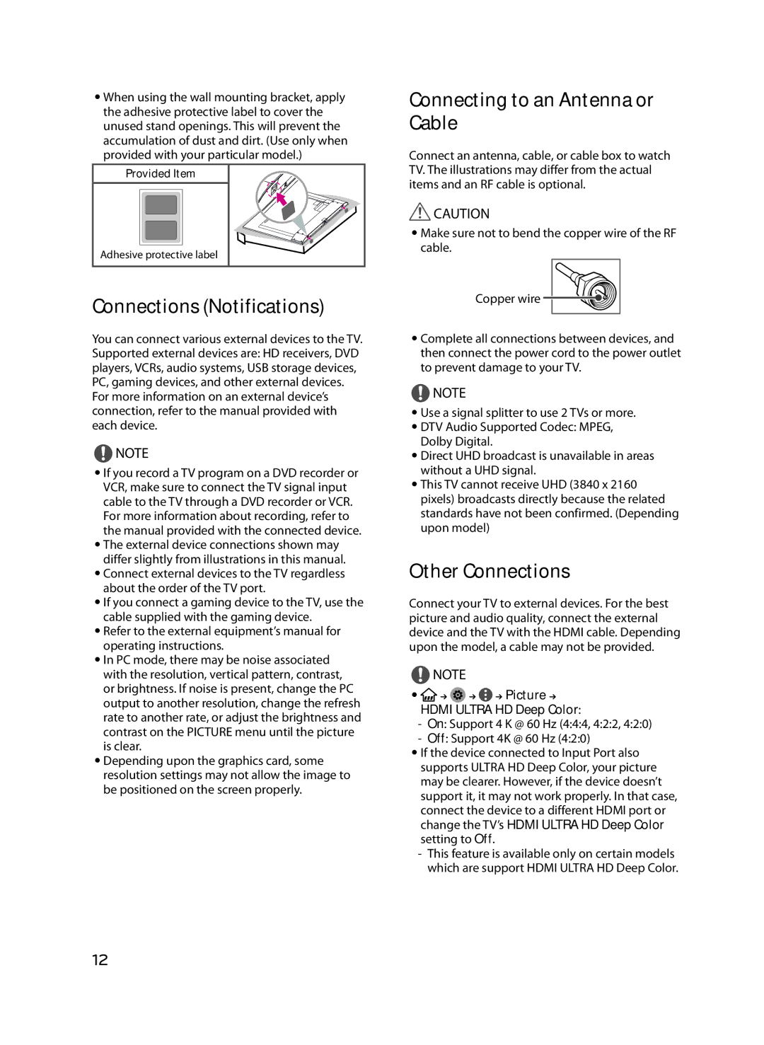 LG Electronics 60UF8500 owner manual Connections Notifications, Connecting to an Antenna or Cable, Other Connections 