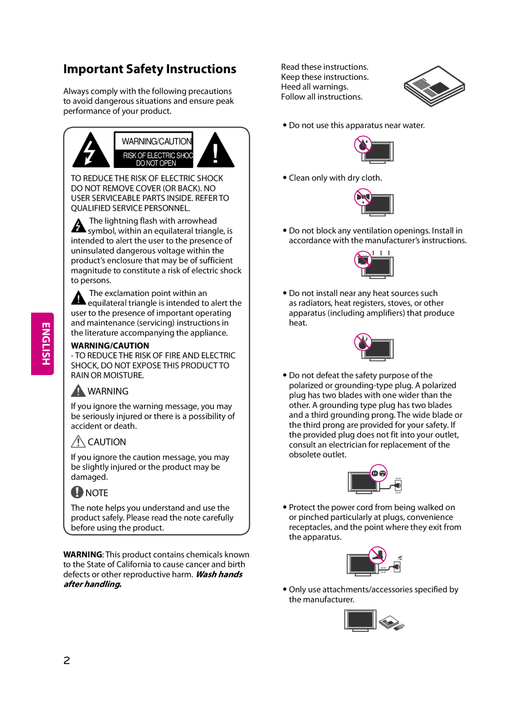 LG Electronics 60UF8500 owner manual Important Safety Instructions 