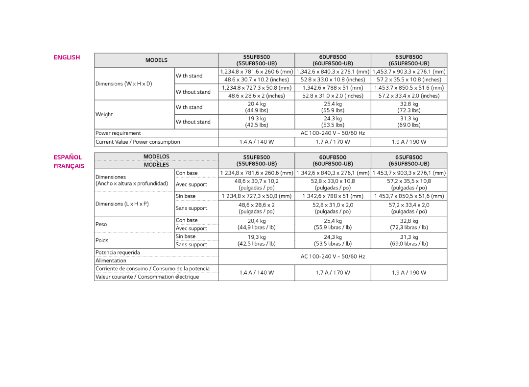 LG Electronics 60UF8500 owner manual English Español Français 