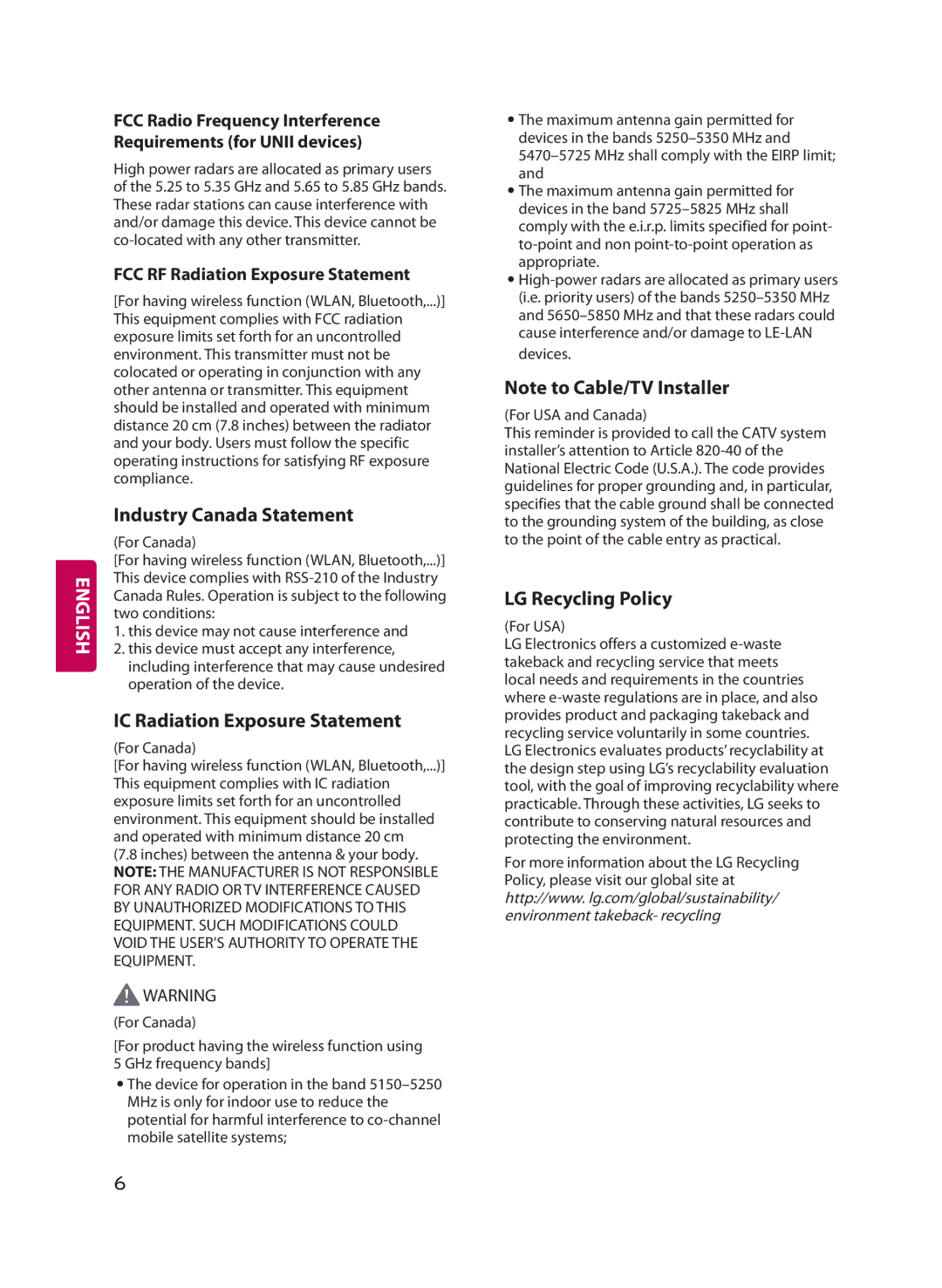 LG Electronics 60UF8500 Industry Canada Statement, IC Radiation Exposure Statement, LG Recycling Policy, For Canada 