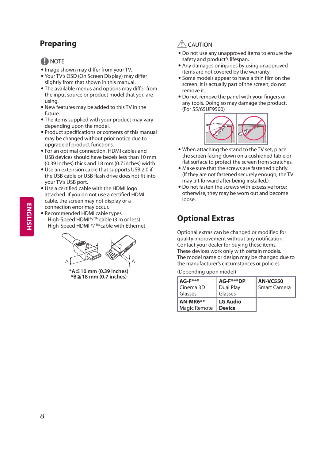 LG Electronics 60UF8500 owner manual Preparing, Optional Extras 