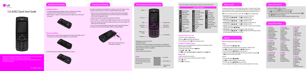 LG Electronics 620G quick start Installing the Battery, Charging the Battery, Phone layout and key functions, Recent Calls 