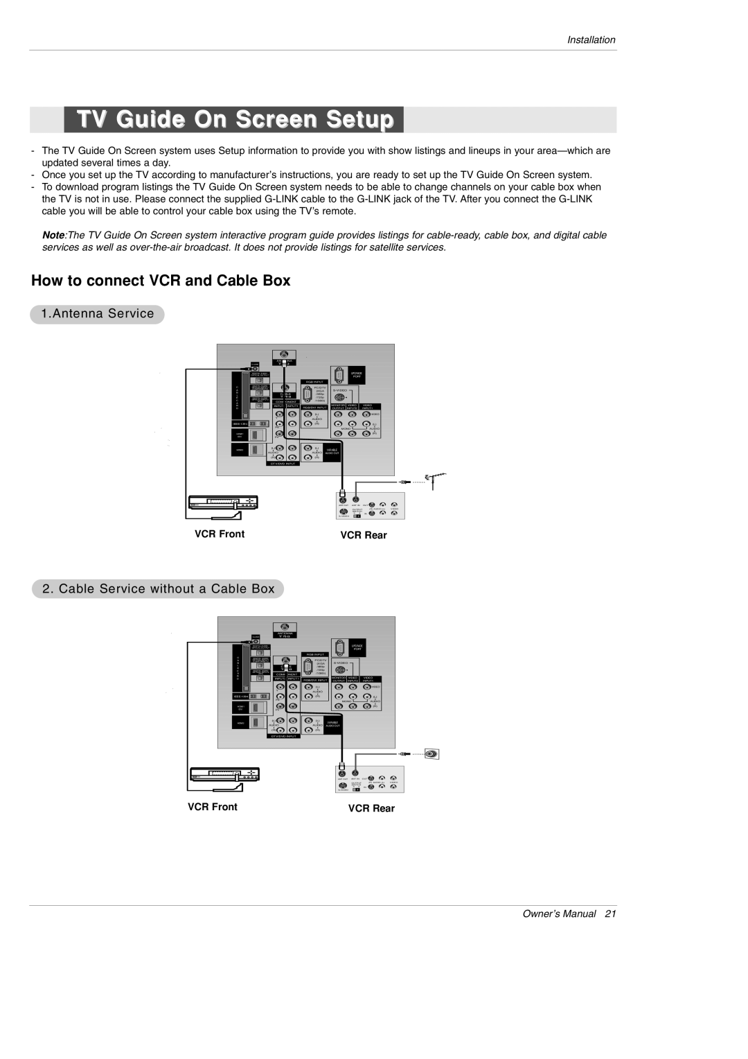 LG Electronics 62SX4D, 52SX4D-UB TV Guide On Screen Setup, Antenna Service, Cable Service without a Cable Box, VCR Front 