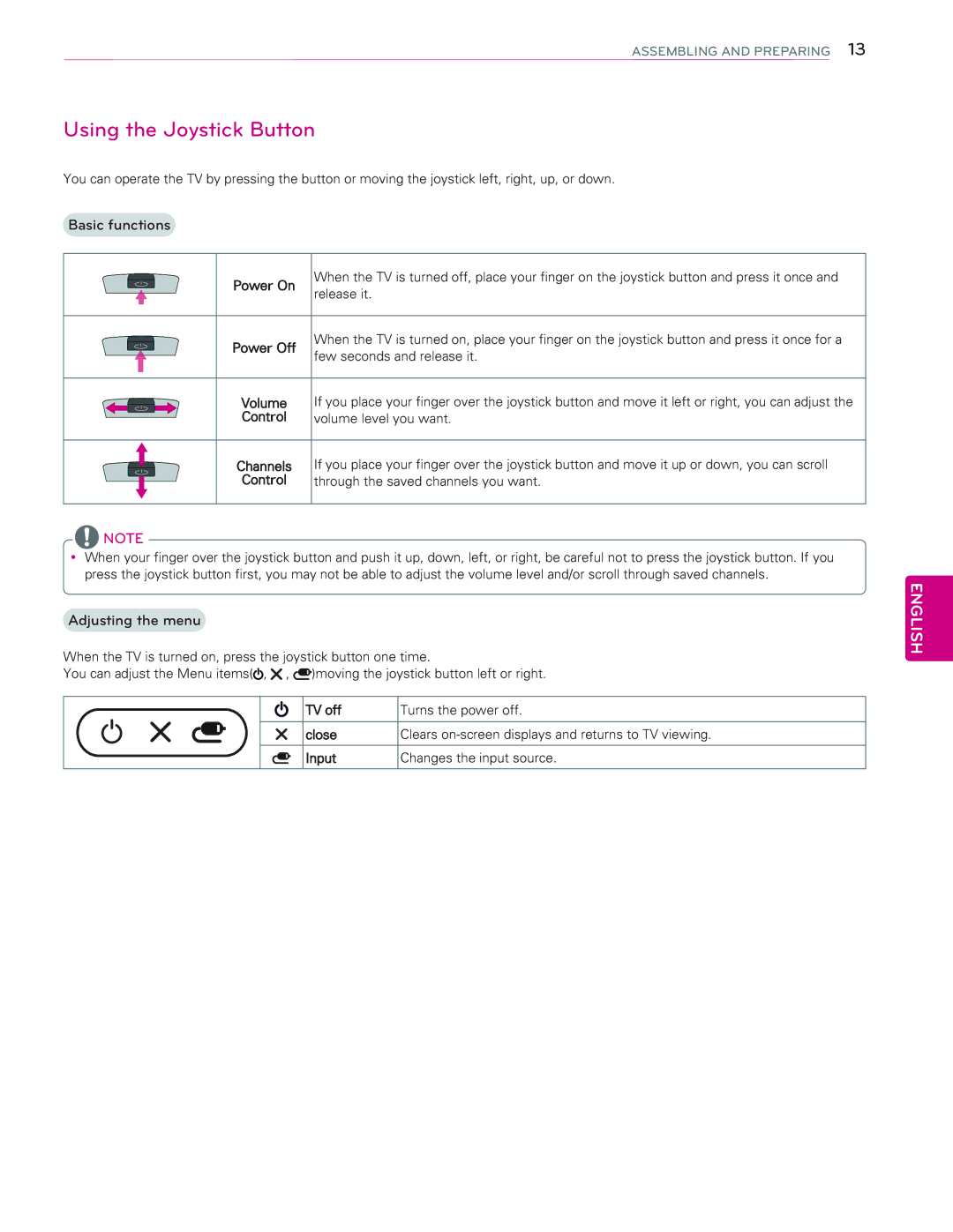 LG Electronics 65EC9700 owner manual Using the Joystick Button, Basic functions, Adjusting the menu 