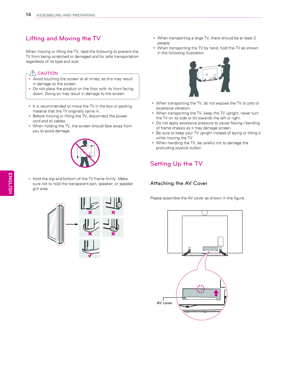 LG Electronics 65EC9700 owner manual Lifting and Moving the TV, Setting Up the TV, Attaching the AV Cover 