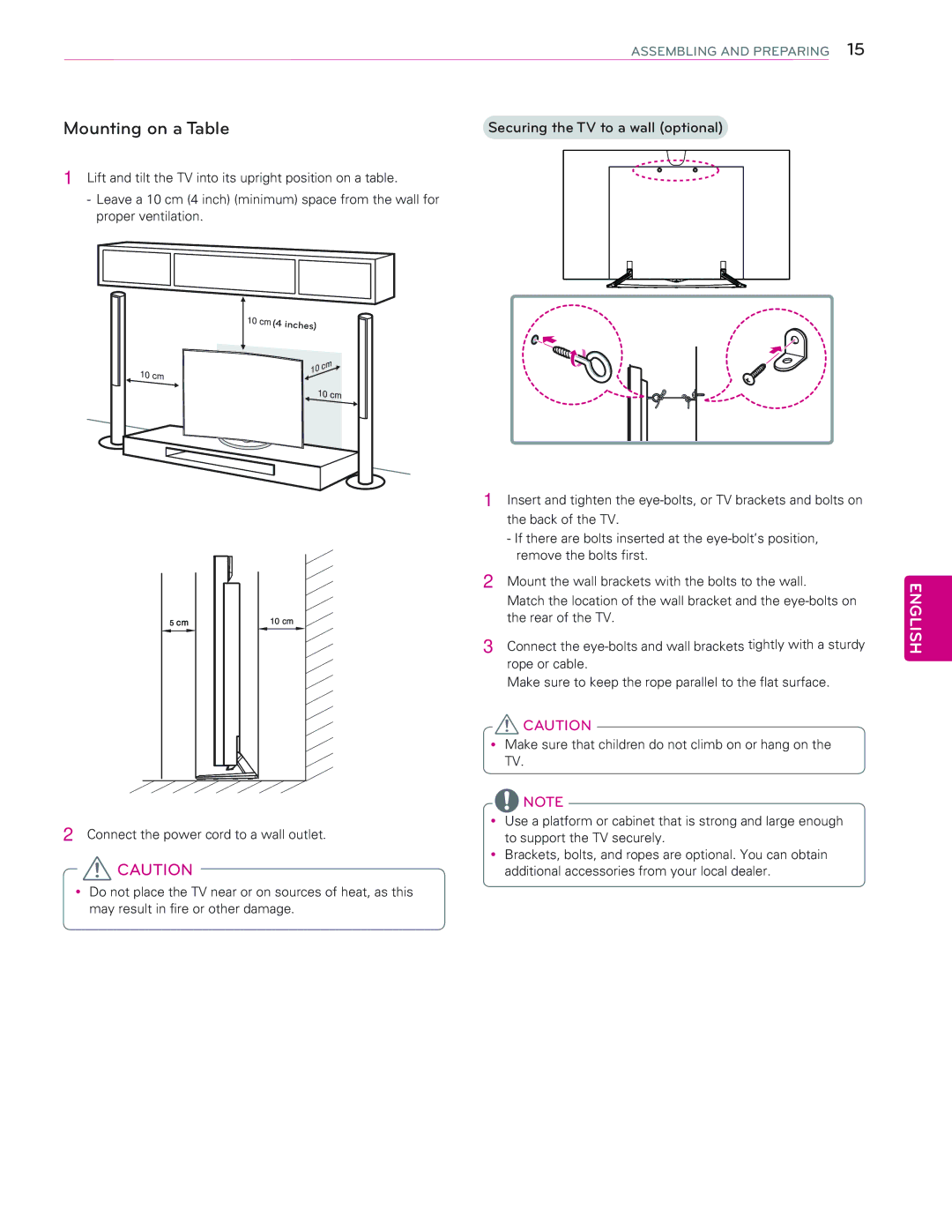 LG Electronics 65EC9700 owner manual Mounting on a Table, Securing the TV to a wall optional 