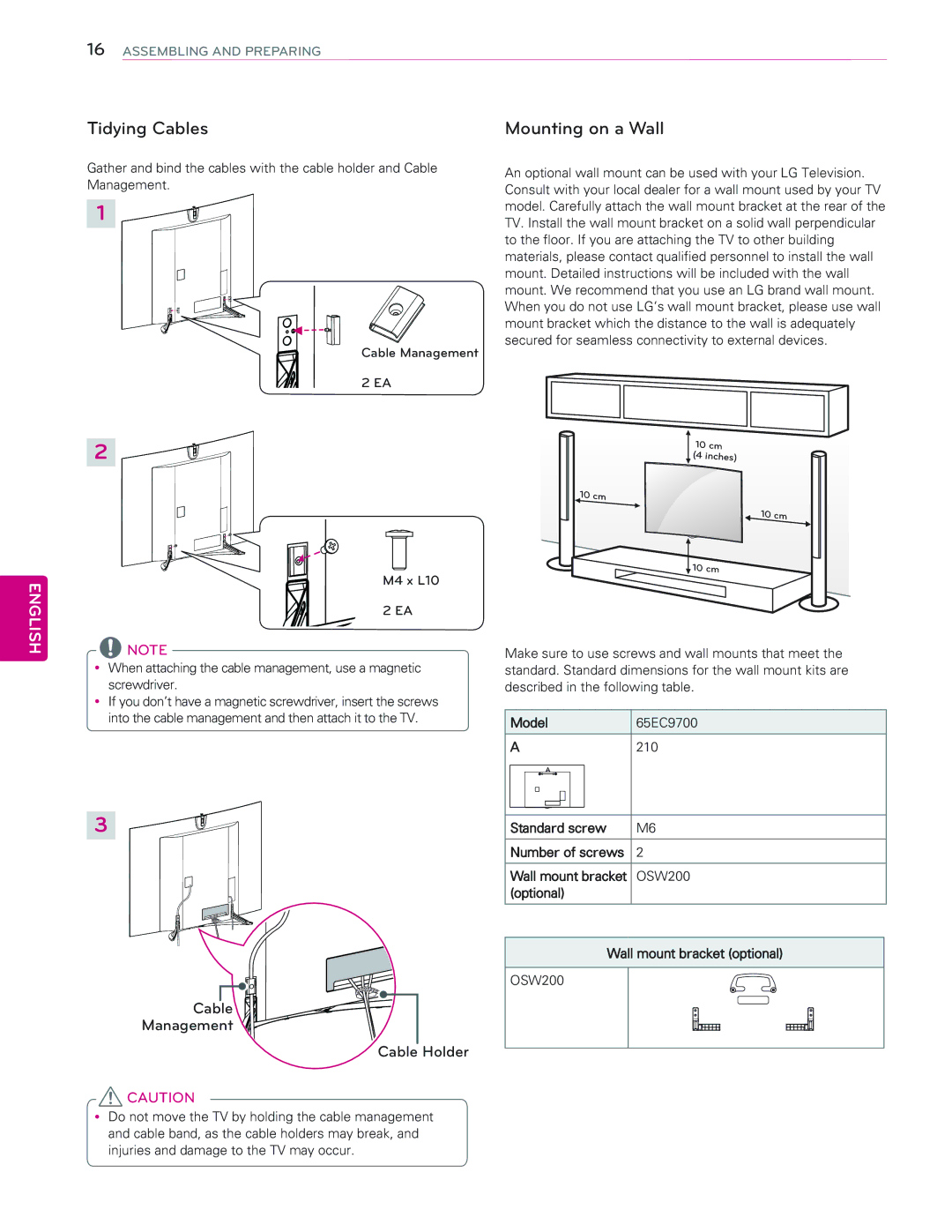 LG Electronics 65EC9700 owner manual Tidying Cables Mounting on a Wall, Cable Management Cable Holder, OSW200 