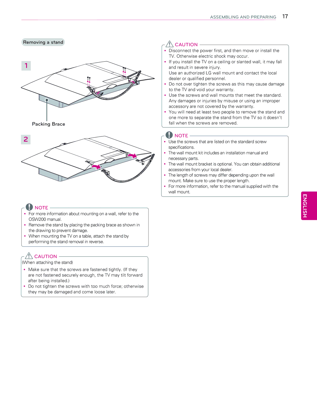 LG Electronics 65EC9700 owner manual Removing a stand Packing Brace 