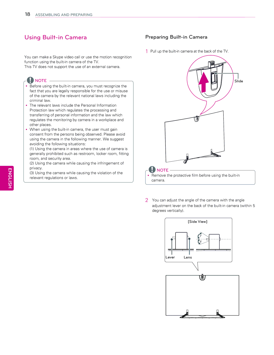 LG Electronics 65EC9700 owner manual Using Built-in Camera, Preparing Built-in Camera 