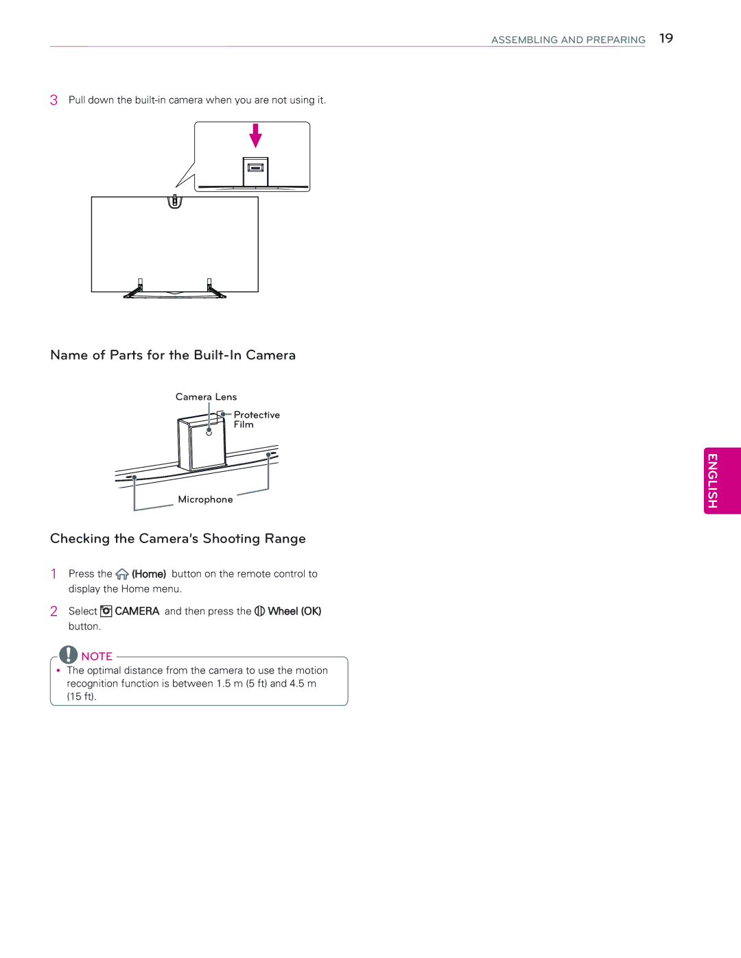 LG Electronics 65EC9700 owner manual Name of Parts for the Built-In Camera, Checking the Camera’s Shooting Range 