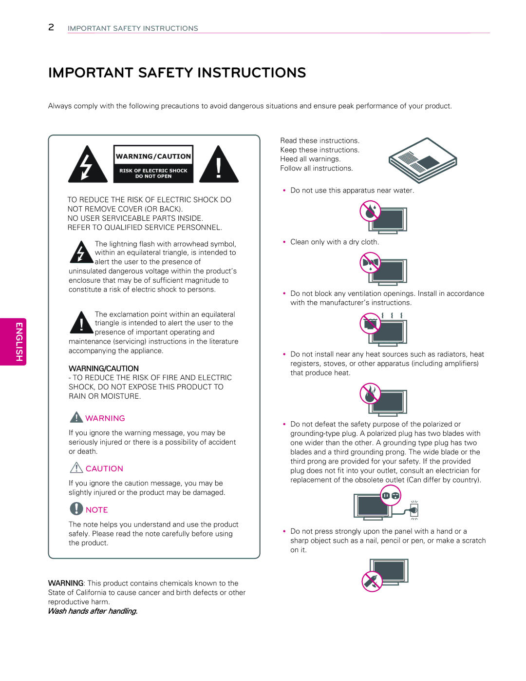 LG Electronics 65EC9700 owner manual Important Safety Instructions, English 