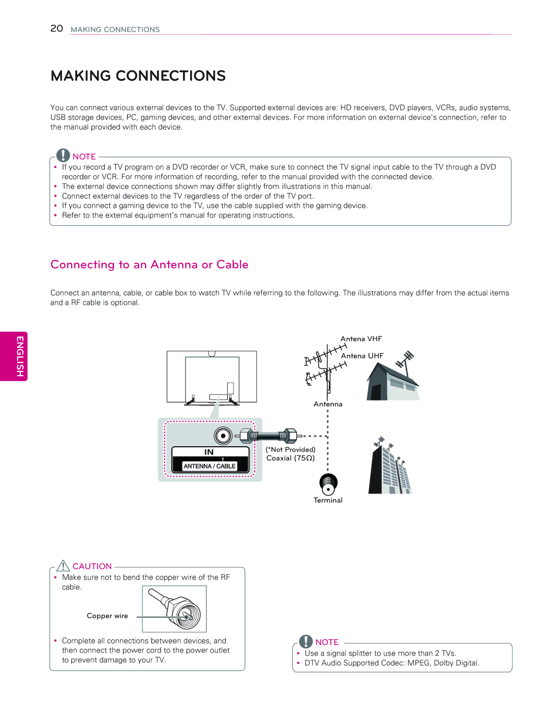 LG Electronics 65EC9700 owner manual Making Connections, Connecting to an Antenna or Cable 