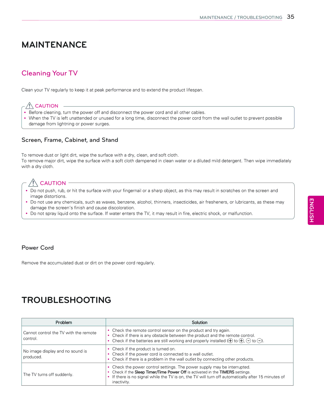 LG Electronics 65EC9700 Maintenance, Troubleshooting, Cleaning Your TV, Screen, Frame, Cabinet, and Stand, Power Cord 