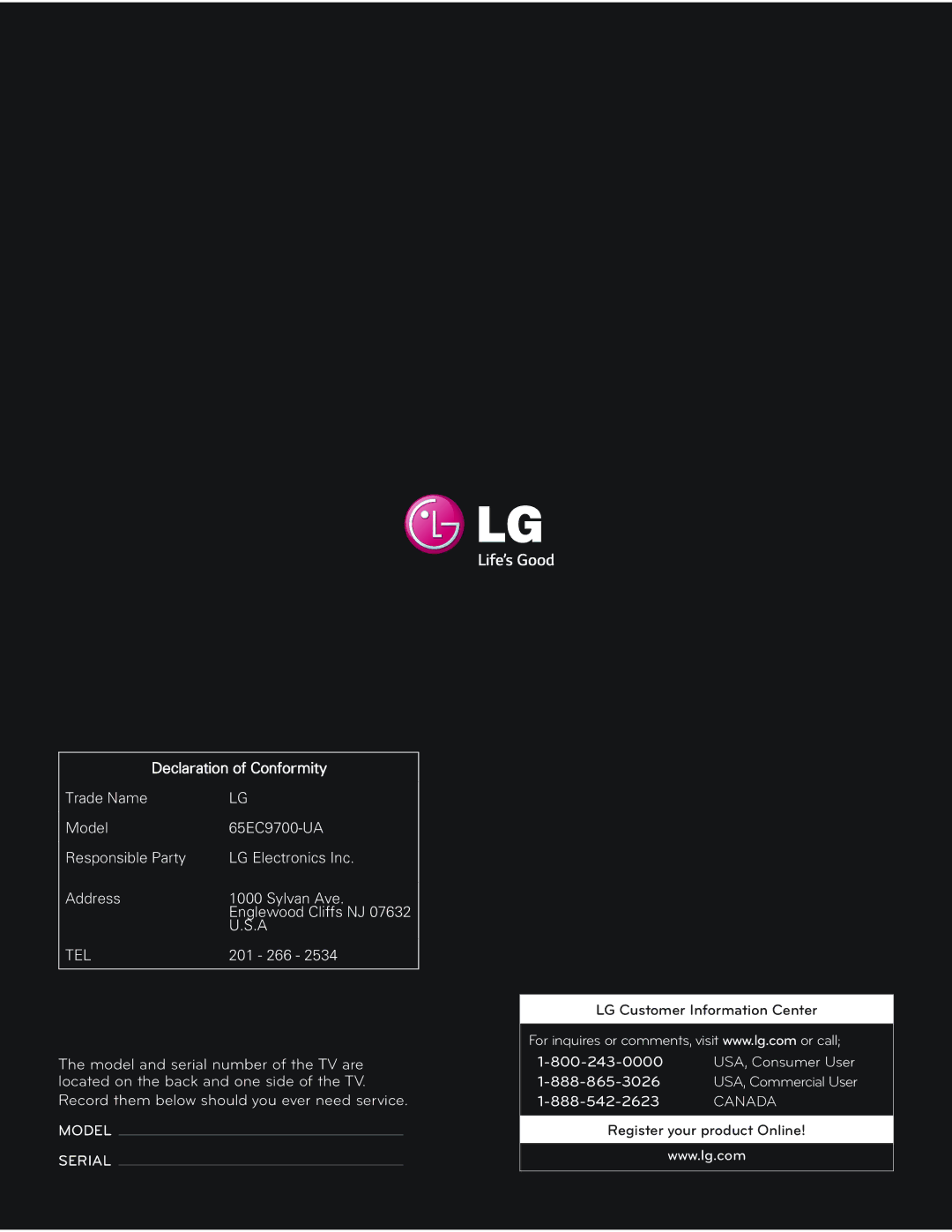 LG Electronics 65EC9700 owner manual LG Customer Information Center, Register your product Online 