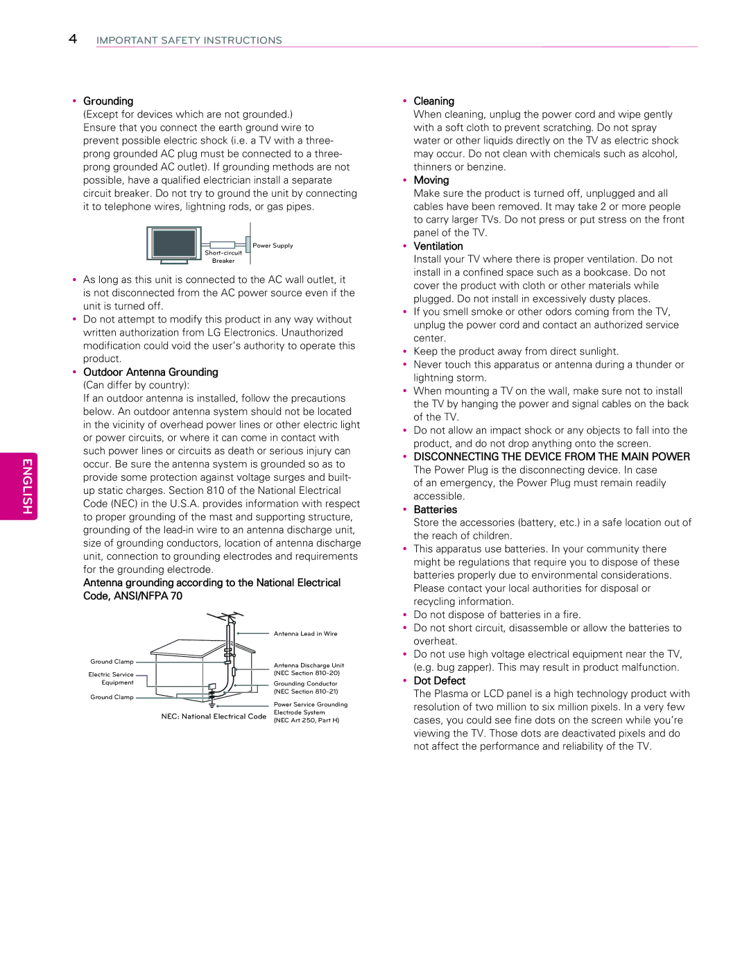 LG Electronics 65EC9700 owner manual YGrounding, YOutdoor Antenna Grounding, YMoving, YVentilation, YBatteries, YDot Defect 