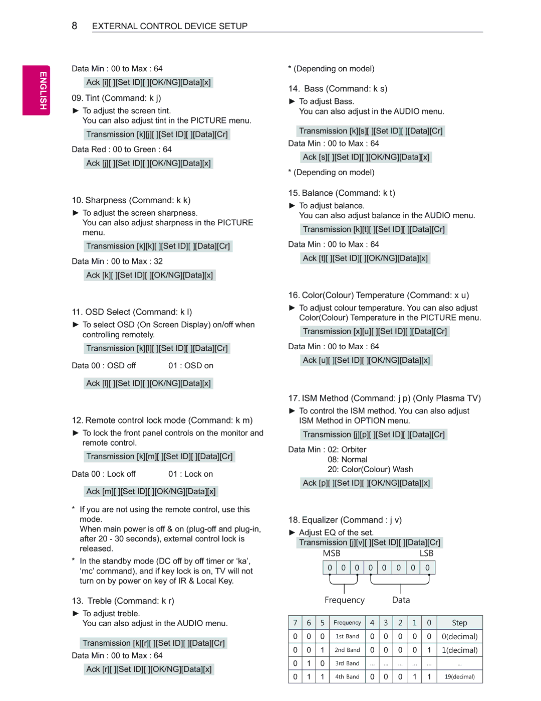 LG Electronics 65EC9700 owner manual Tint Command k j, Sharpness Command k k, OSD Select Command k l, Bass Command k s 