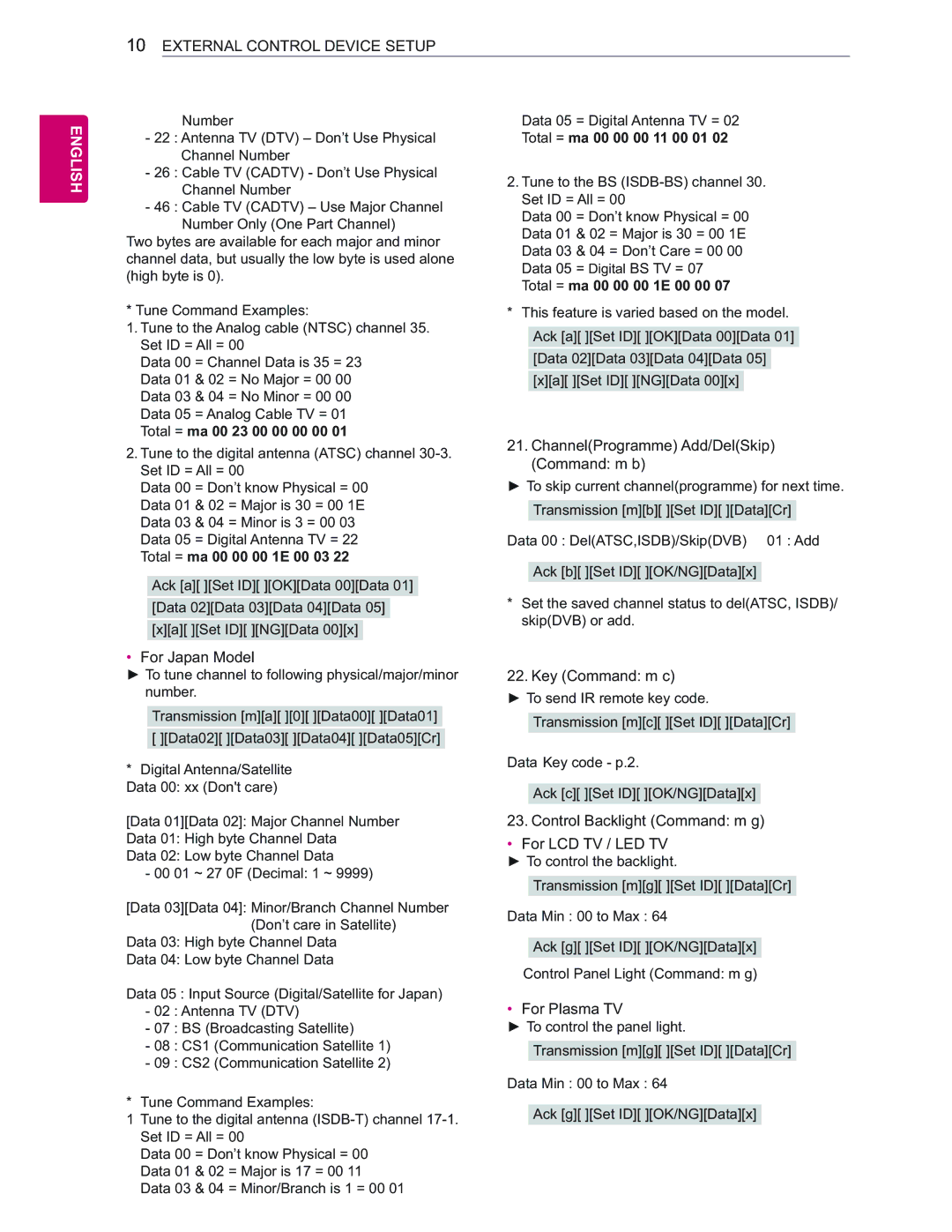 LG Electronics 65EC9700 ChannelProgramme Add/DelSkip Command m b, ‡ For Japan Model, Key Command m c, ‡ For Plasma TV 