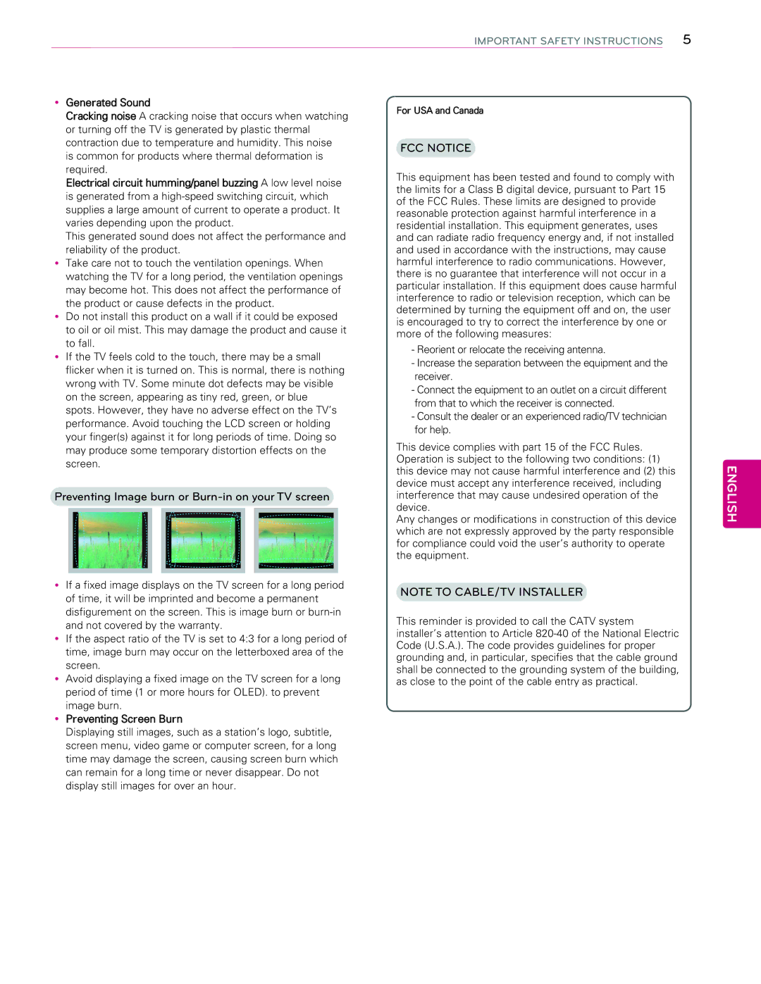 LG Electronics 65EC9700 Preventing Image burn or Burn-in on your TV screen, YGenerated Sound, YPreventing Screen Burn 