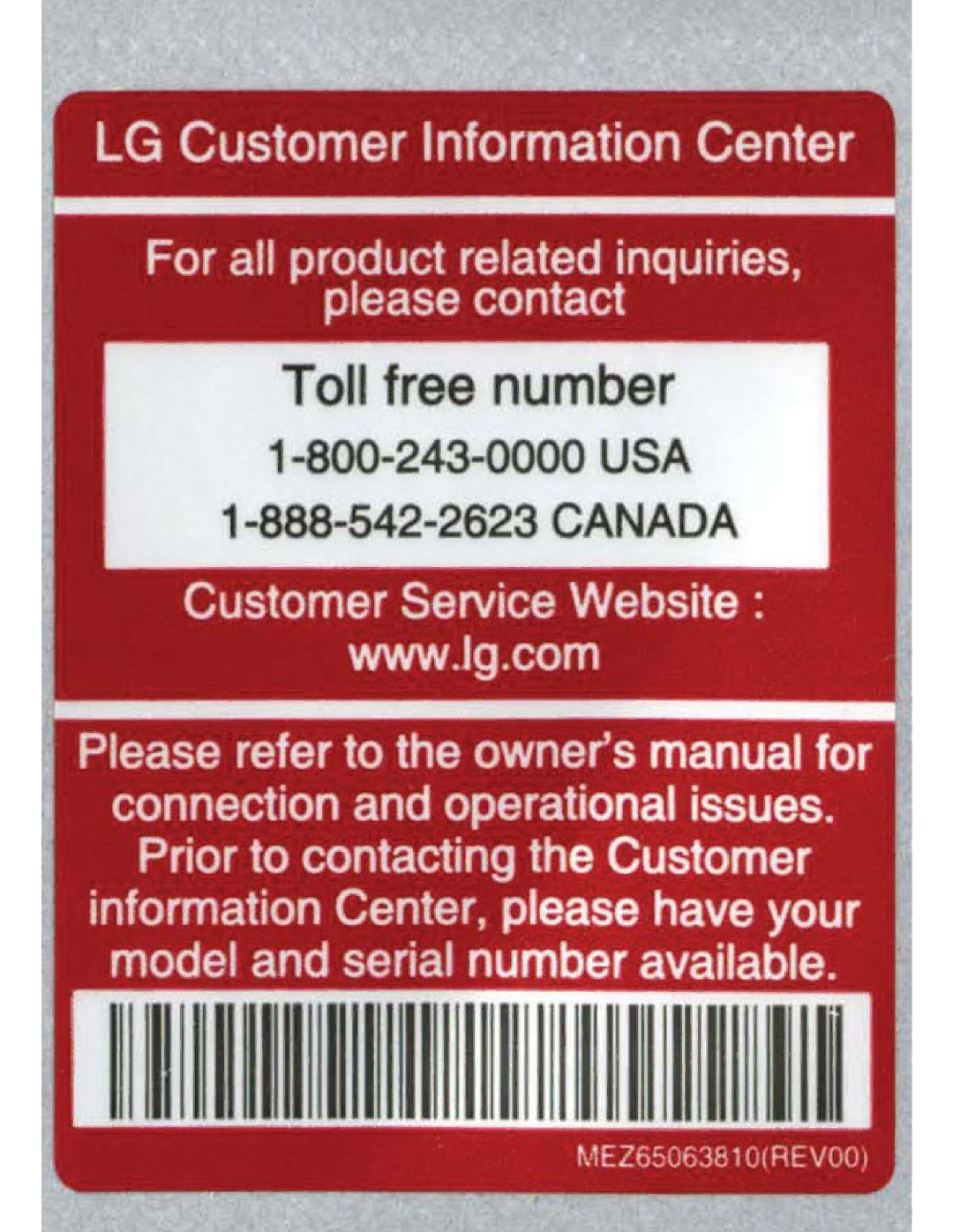 LG Electronics 65EC9700 owner manual Toll free number 